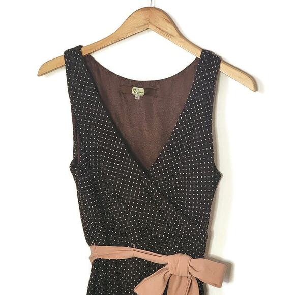Eva Franco Polka Dot Brown and Pink Dress Tie Waist Midi Classic Chic Party 6 - Picture 2 of 16